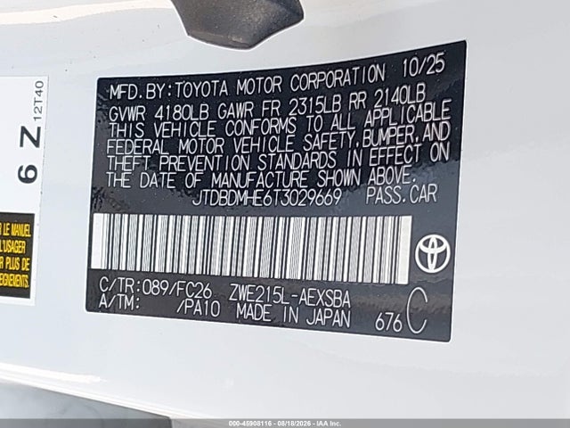 Продаж на аукціоні авто 2026 Toyota Corolla Hybrid Hybrid Se, vin: JTDBDMHE6T3029669, номер лоту: 45908116