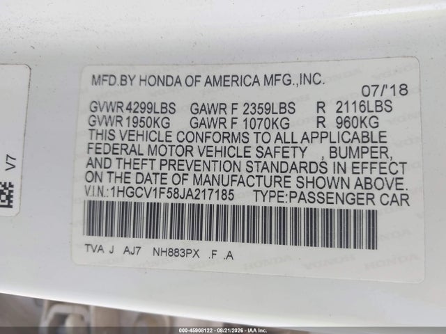 45908122 :رقم المزاد ، 1HGCV1F58JA217185 vin ، 2018 Honda Accord Ex-l مزاد بيع