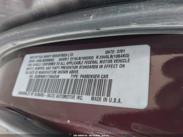 2001 Subaru Outback მანქანა იყიდება აუქციონზე, vin: 4S3BH665117654246, აუქციონის ნომერი: 45908144