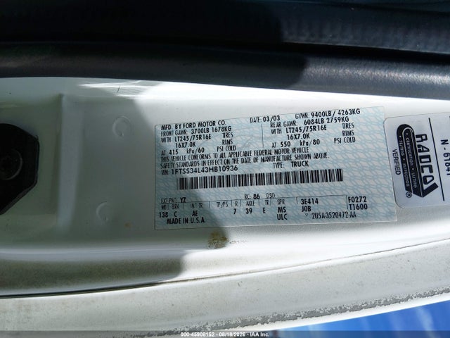2003 Ford E-350 Super Duty Commercial/recreational მანქანა იყიდება აუქციონზე, vin: 1FTSS34L43HB10936, აუქციონის ნომერი: 45908152