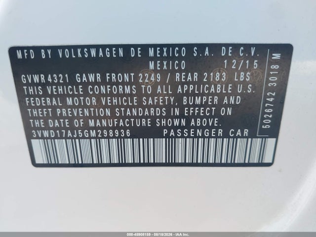 Aukcja sprzedaży 2016 Volkswagen Jetta 1.8t Sport, vin: 3VWD17AJ5GM298936, numer aukcji: 45908159