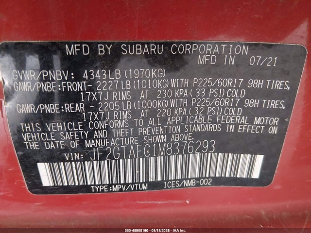 2021 Subaru Crosstrek Premium მანქანა იყიდება აუქციონზე, vin: JF2GTAEC1M8376293, აუქციონის ნომერი: 45908160