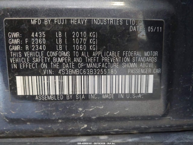 2011 Subaru Legacy 2.5i Premium მანქანა იყიდება აუქციონზე, vin: 4S3BMBC63B3255185, აუქციონის ნომერი: 45908161