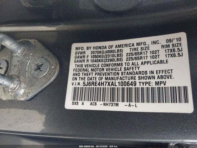 Продаж на аукціоні авто 2010 Honda Cr-v Ex-l, vin: 5J6RE4H7XAL100649, номер лоту: 45908166