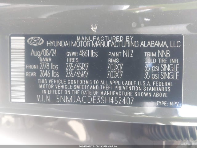 Aukcja sprzedaży 2025 Hyundai Tucson Se, vin: 5NMJACDE3SH452407, numer aukcji: 45908172