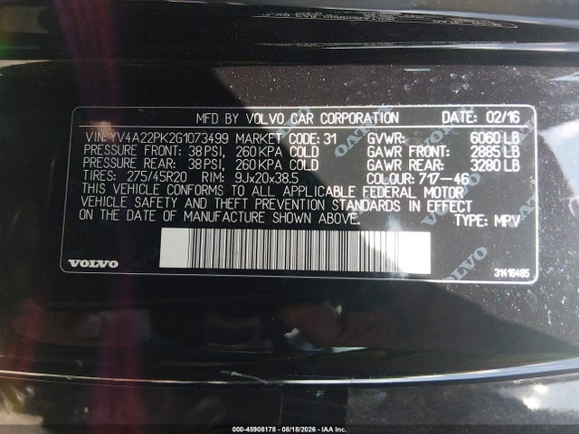 Aukcja sprzedaży 2016 Volvo Xc90 T6 Momentum, vin: YV4A22PK2G1073499, numer aukcji: 45908178