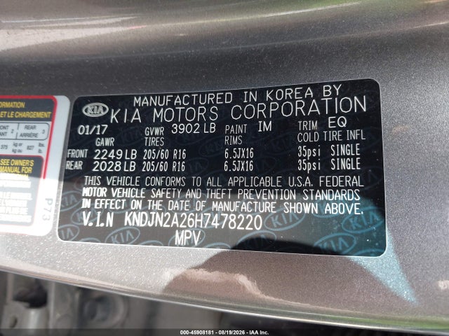 Aukcja sprzedaży 2017 Kia Soul, vin: KNDJN2A26H7478220, numer aukcji: 45908181