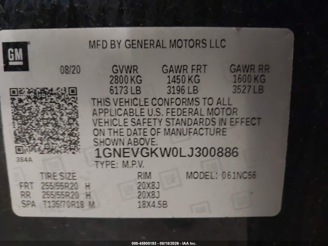 2020 Chevrolet Traverse Awd Lt Cloth მანქანა იყიდება აუქციონზე, vin: 1GNEVGKW0LJ300886, აუქციონის ნომერი: 45908193