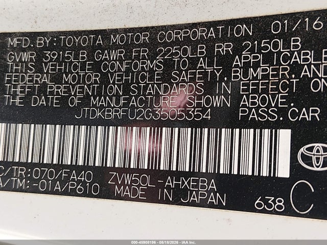 45908196 :رقم المزاد ، JTDKBRFU2G3505354 vin ، 2016 Toyota Prius Two مزاد بيع