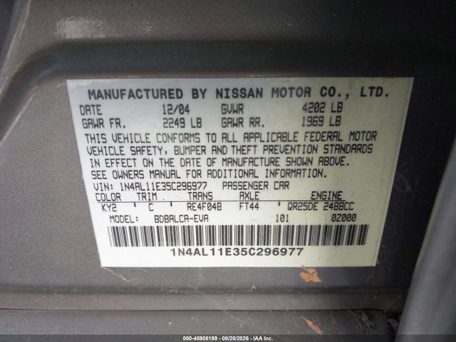 Продаж на аукціоні авто 2005 Nissan Altima 2.5 S, vin: 1N4AL11E35C296977, номер лоту: 45908199