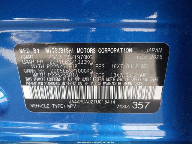 JA4ARUAU2TU018414 Mitsubishi Outlander Sport 2.0 Es/2.0 Le/2.0 Ralliart/2.0 S/2.0 Se/2.0 Trail Edition