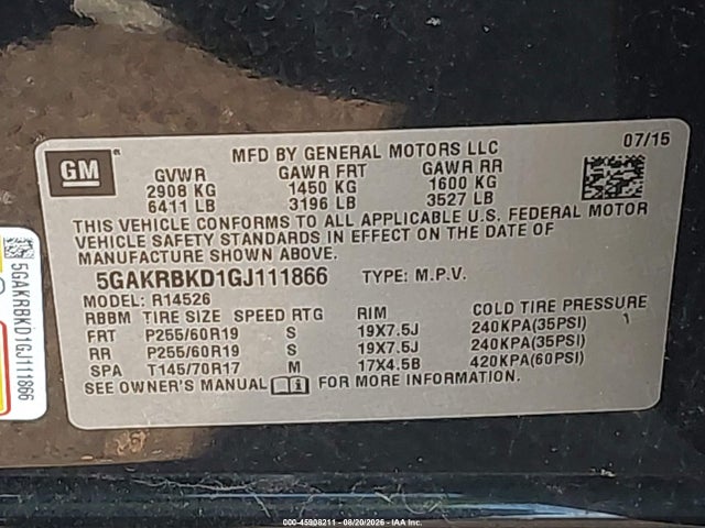 2016 Buick Enclave Leather მანქანა იყიდება აუქციონზე, vin: 5GAKRBKD1GJ111866, აუქციონის ნომერი: 45908211