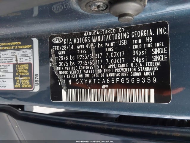 45908213 :رقم المزاد ، 5XYKTCA66FG569359 vin ، 2015 Kia Sorento Lx مزاد بيع