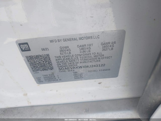 45908243 :رقم المزاد ، 5GAEVAKWXMJ243122 vin ، 2021 Buick Enclave Awd Essence مزاد بيع