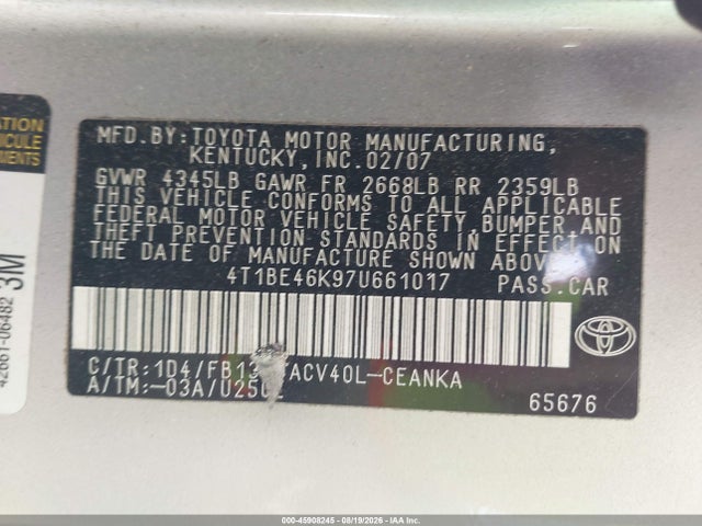 Aukcja sprzedaży 2007 Toyota Camry Le, vin: 4T1BE46K97U661017, numer aukcji: 45908245