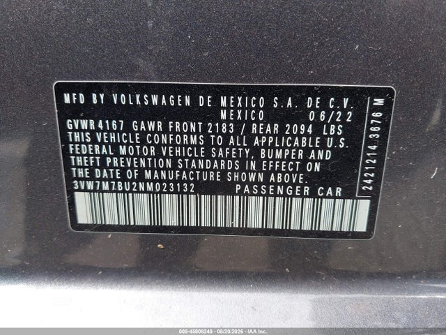 Продажа на аукционе авто 2022 Volkswagen Jetta 1.5t Se, vin: 3VW7M7BU2NM023132, номер лота: 45908249