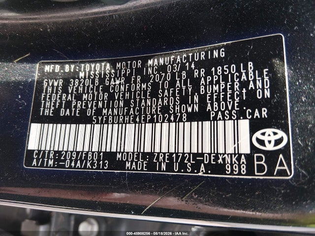Aukcja sprzedaży 2014 Toyota Corolla Le, vin: 5YFBURHE4EP102478, numer aukcji: 45908256