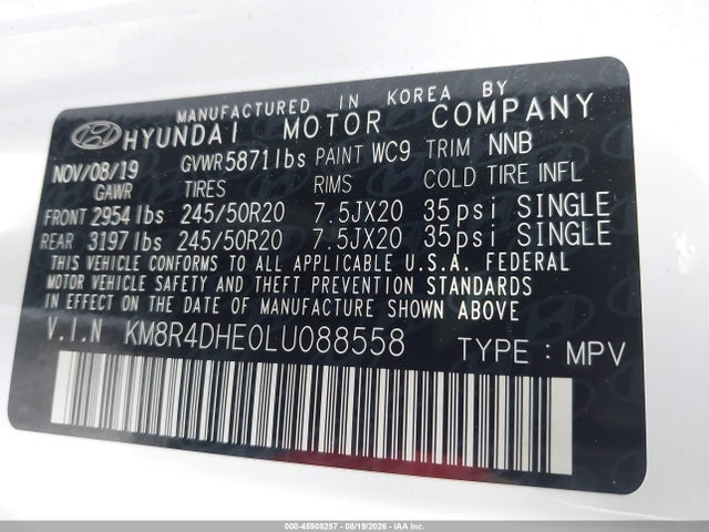 Продажа на аукционе авто 2020 Hyundai Palisade Sel, vin: KM8R4DHE0LU088558, номер лота: 45908257