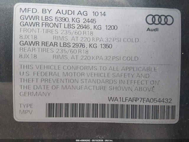 2015 Audi Q5 2.0t Premium მანქანა იყიდება აუქციონზე, vin: WA1LFAFP7FA054432, აუქციონის ნომერი: 45908262