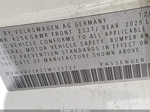 45908281 :رقم المزاد ، WVWHV71K27W133721 vin ، 2007 Volkswagen Gti 4-door (a6) مزاد بيع