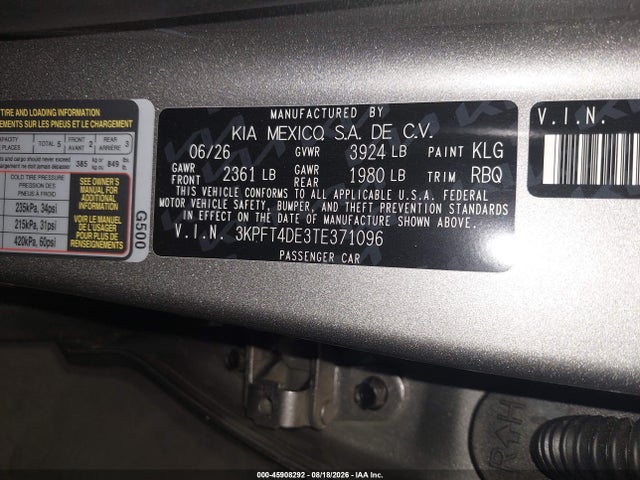 Продажа на аукционе авто 2026 Kia K4 Lxs, vin: 3KPFT4DE3TE371096, номер лота: 45908292