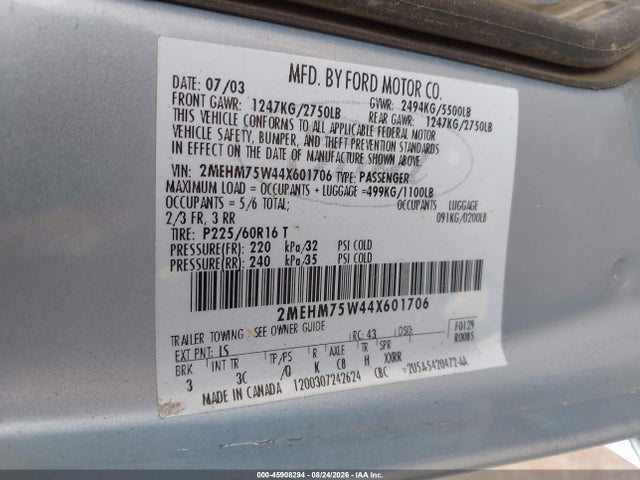 45908294 :رقم المزاد ، 2MEHM75W44X601706 vin ، 2004 Mercury Grand Marquis Ls مزاد بيع