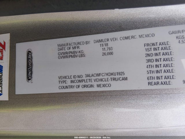 Продажа на аукционе авто 2019 Freightliner M2 106, vin: 3ALACWFC7KDKU1925, номер лота: 45908311