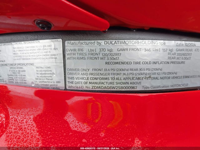 2025 Ducati Panigale V4/v4s მანქანა იყიდება აუქციონზე, vin: ZDMDAG6W2SB000967, აუქციონის ნომერი: 45908315