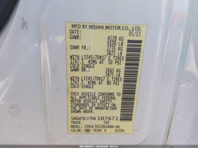 2013 Nissan Nv Cargo Nv2500 Hd Sv V8 მანქანა იყიდება აუქციონზე, vin: 1N6AF0LY7DN107671, აუქციონის ნომერი: 45908317