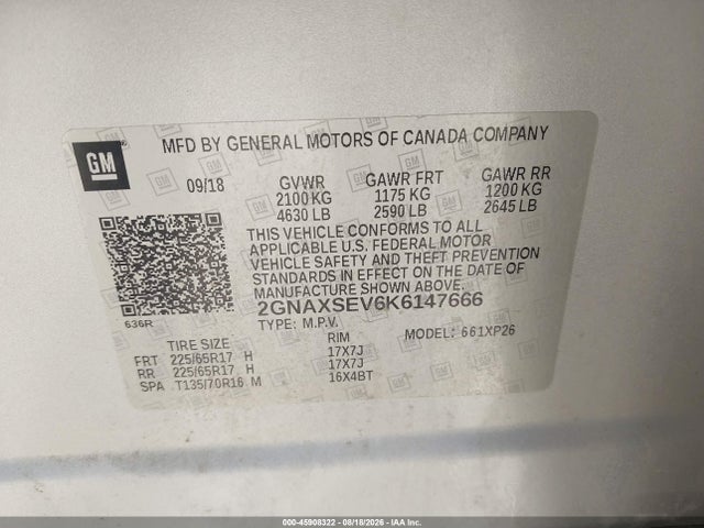 45908322 :رقم المزاد ، 2GNAXSEV6K6147666 vin ، 2019 Chevrolet Equinox Ls مزاد بيع