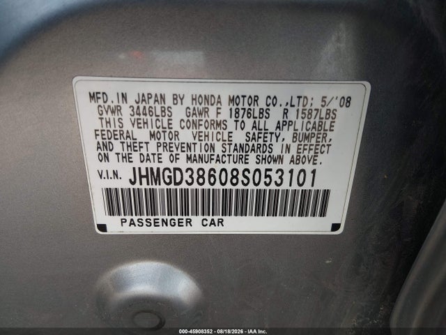 2008 Honda Fit Sport მანქანა იყიდება აუქციონზე, vin: JHMGD38608S053101, აუქციონის ნომერი: 45908352