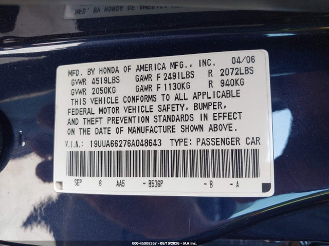 2006 Acura Tl მანქანა იყიდება აუქციონზე, vin: 19UUA66276A048643, აუქციონის ნომერი: 45908357