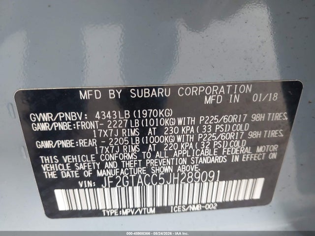 Продаж на аукціоні авто 2018 Subaru Crosstrek 2.0i Premium, vin: JF2GTACC5JH289091, номер лоту: 45908366
