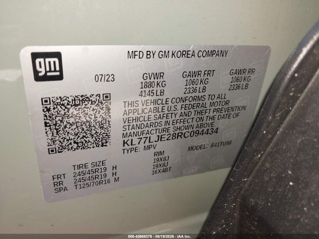 2024 Chevrolet Trax Fwd 2rs მანქანა იყიდება აუქციონზე, vin: KL77LJE28RC094434, აუქციონის ნომერი: 45908376