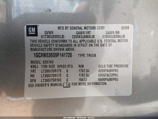 Aukcja sprzedaży 2009 Chevrolet Silverado 2500hd Ltz, vin: 1GCHK63609F141726, numer aukcji: 45908380