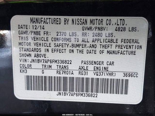 Aukcja sprzedaży 2015 Infiniti Q50 Premium/sport, vin: JN1BV7AP6FM336822, numer aukcji: 45908381