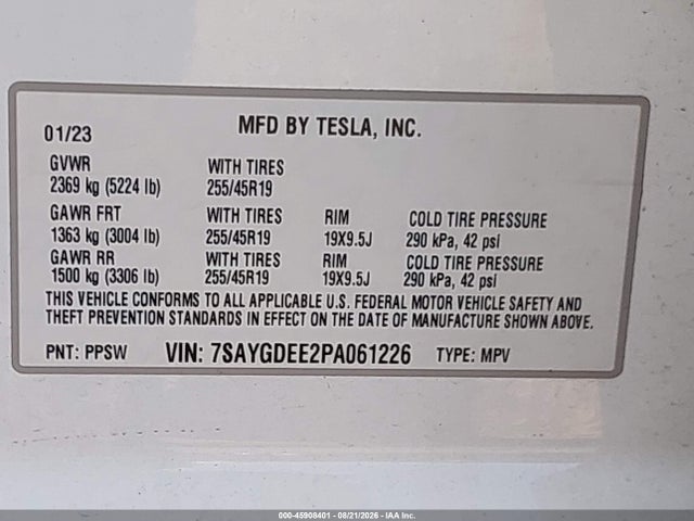 7SAYGDEE2PA061226 Tesla Model Y Awd/long Range Dual Motor All-wheel Drive