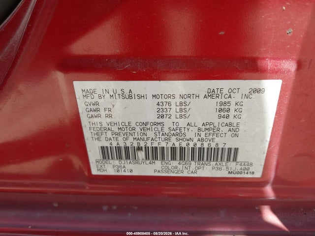 2010 Mitsubishi Galant Fe მანქანა იყიდება აუქციონზე, vin: 4A32B2FF7AE008687, აუქციონის ნომერი: 45908405