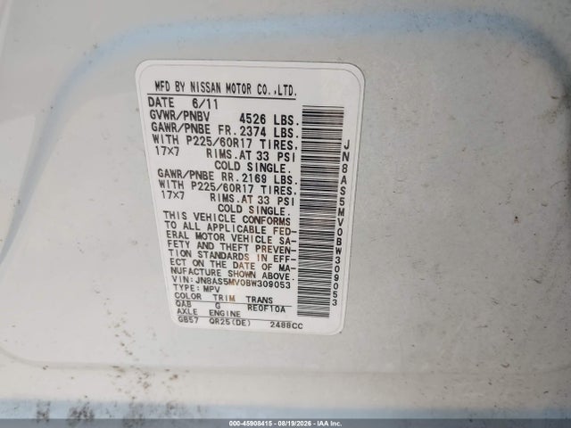 Продаж на аукціоні авто 2011 Nissan Rogue Sv, vin: JN8AS5MV0BW309053, номер лоту: 45908415