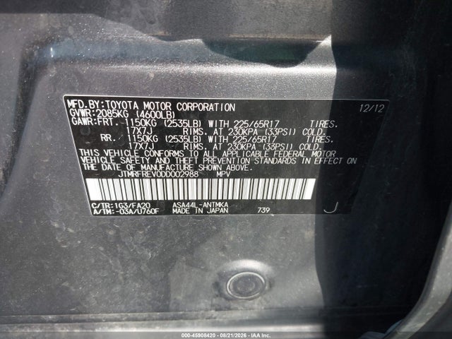Aukcja sprzedaży 2013 Toyota Rav4 Xle, vin: JTMRFREV0DD002988, numer aukcji: 45908420