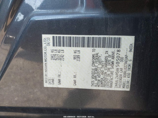 Продаж на аукціоні авто 2010 Nissan Altima 2.5 S, vin: 1N4AL2AP0AN505078, номер лоту: 45908430
