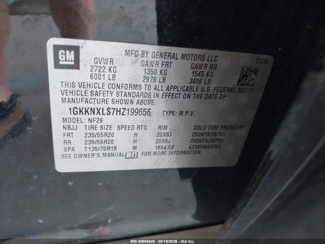45908448 :رقم المزاد ، 1GKKNXLS7HZ199656 vin ، 2017 Gmc Acadia Denali مزاد بيع