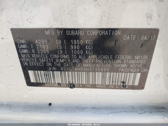 45908460 :رقم المزاد ، 4S3GTAN64H3735695 vin ، 2017 Subaru Impreza 2.0i Limited مزاد بيع