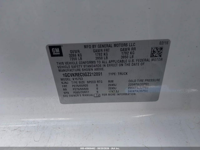 Aukcja sprzedaży 2016 Chevrolet Silverado 1500 2lt, vin: 1GCVKREC5GZ212891, numer aukcji: 45908462