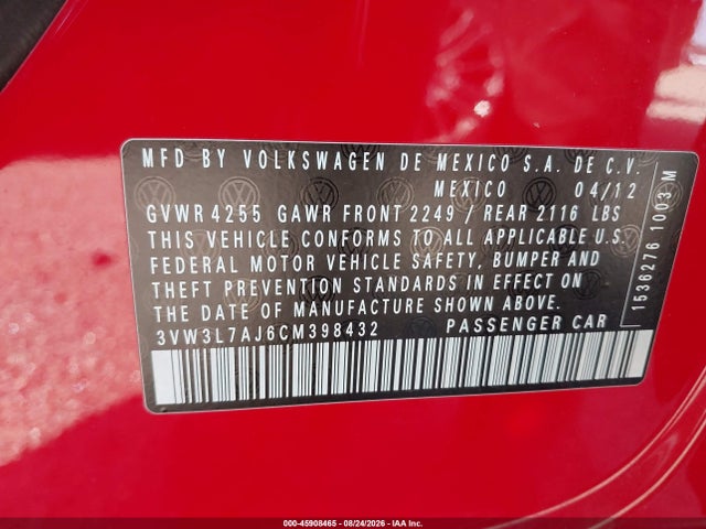 2012 Volkswagen Jetta 2.0l Tdi მანქანა იყიდება აუქციონზე, vin: 3VW3L7AJ6CM398432, აუქციონის ნომერი: 45908465