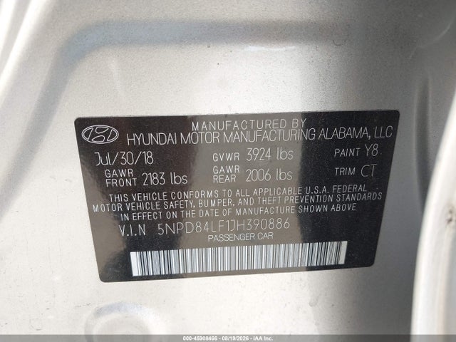 Aukcja sprzedaży 2018 Hyundai Elantra Sel, vin: 5NPD84LF1JH390886, numer aukcji: 45908466
