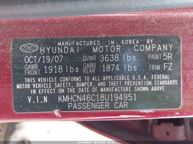 2008 Hyundai Accent Gls მანქანა იყიდება აუქციონზე, vin: KMHCN46C18U194951, აუქციონის ნომერი: 45908467