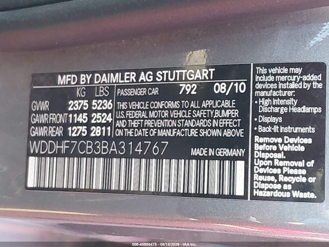 2011 Mercedes-benz E 550 მანქანა იყიდება აუქციონზე, vin: WDDHF7CB3BA314767, აუქციონის ნომერი: 45908478