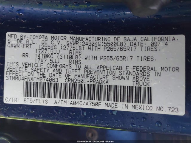 45908481 :رقم المزاد ، 3TMMU4FNXFM074063 vin ، 2015 Toyota Tacoma Base V6 مزاد بيع