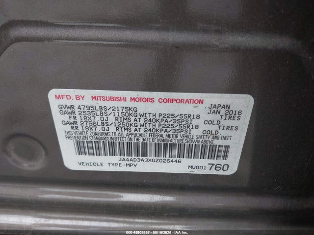 2016 Mitsubishi Outlander Se/sel მანქანა იყიდება აუქციონზე, vin: JA4AD3A3XGZ026446, აუქციონის ნომერი: 45908497